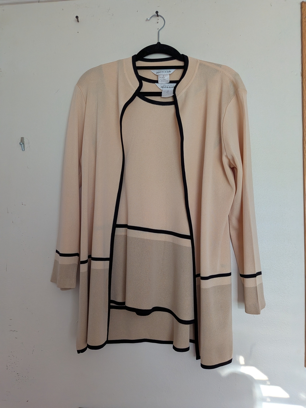 St. John Cream Knit Cardigan And Matching Top with Black Trim